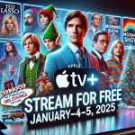 A festive promotional banner featuring iconic Apple TV+ characters from shows like Ted Lasso and Severance, with the text "Stream for Free – January 4-5, 2025."