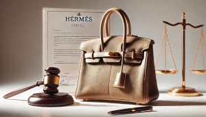 A close-up of a handbag resembling a Hermès Birkin, displayed with a gavel and legal document in the background, emphasizing the legal debate.