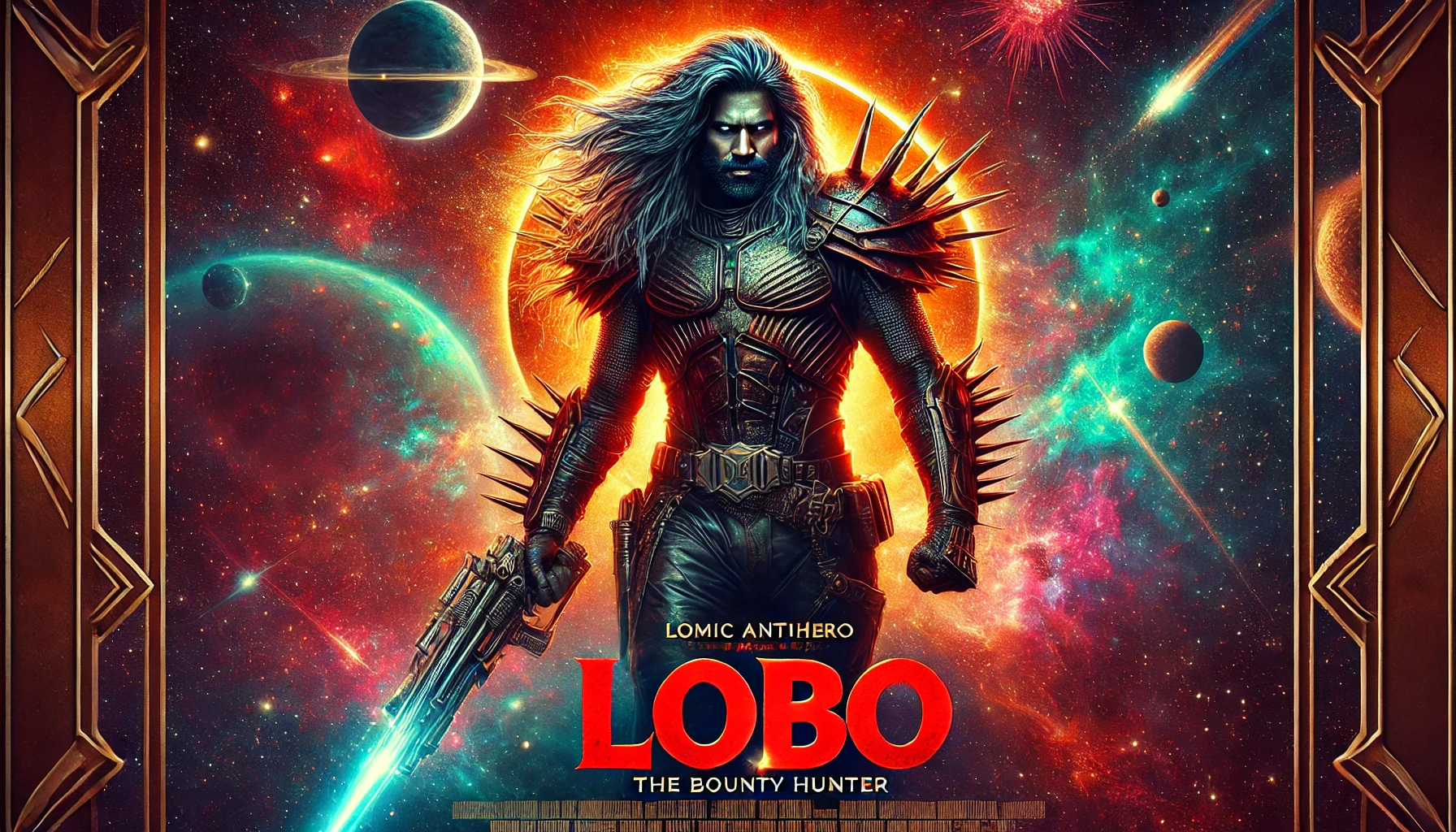 A cinematic depiction of Lobo, the cosmic antihero bounty hunter, standing in spiked leather armor against a vibrant space backdrop of stars and nebulas. The title "Lobo" appears prominently in bold red text.