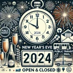 A New Year’s Eve 2024 image with a countdown clock, fireworks, champagne glasses, and subtle icons representing open and closed services like public transit and mail delivery.