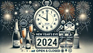 A New Year’s Eve 2024 image with a countdown clock, fireworks, champagne glasses, and subtle icons representing open and closed services like public transit and mail delivery.