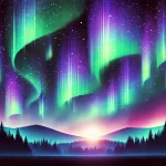 A mesmerizing view of the Northern Lights in green and purple hues, dancing across the night sky above a forest silhouette on New Year’s Eve 2024.