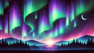 A mesmerizing view of the Northern Lights in green and purple hues, dancing across the night sky above a forest silhouette on New Year’s Eve 2024.