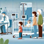 A pediatric ward with a healthcare professional examining a child while concerned parents observe, symbolizing the rising cases of HMPV in China.