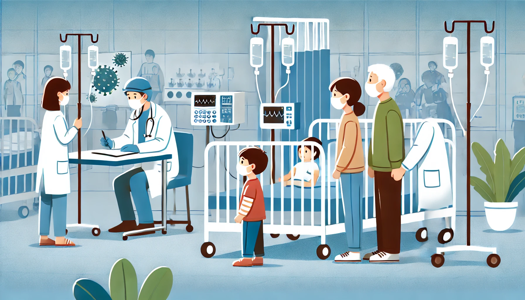 A pediatric ward with a healthcare professional examining a child while concerned parents observe, symbolizing the rising cases of HMPV in China.